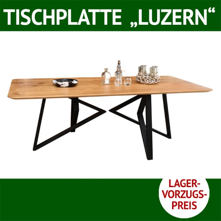 Tischplatte mit Schweizer Kante LUZERN, Wildeiche, massiv, Tischuntergestell BERT, 4-teilig, Metall, schwarz pulverbeschichtet