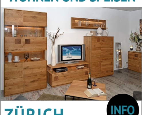 moderne Möbel für Ihr Wohnzimmer, ZÜRICH, Wildeiche massiv, natur geölt, Doppel-Vitrine, TV-Lowboard, Wandboard, Highboard