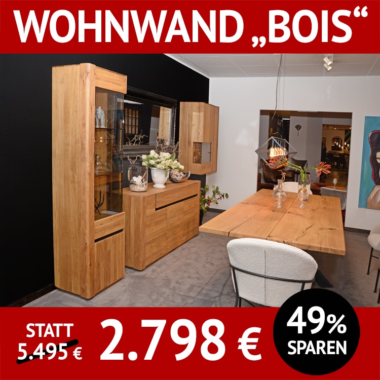 Wohnzimmerschränke BOIS, Wildeiche massiv, natur geölt, komplette Wohnwand aus Vitrine, Sideboard und Hängeschrank