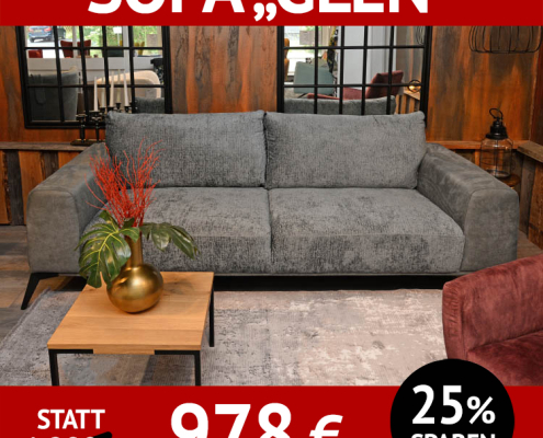 3-Sitzer Sofa GLEN, 2-farbig bezogen, Couchtisch POEL, Eiche massiv, Relaxsessel ROCA, Mikrofaserbezug