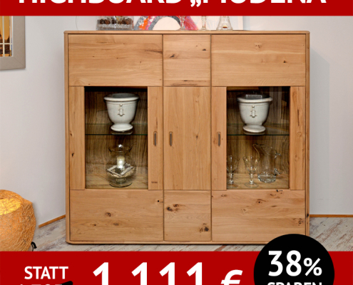 Wohnzimmerschrank Highboard MODENA, Wildeiche, massiv, bianco geölt, mit Beleuchtung