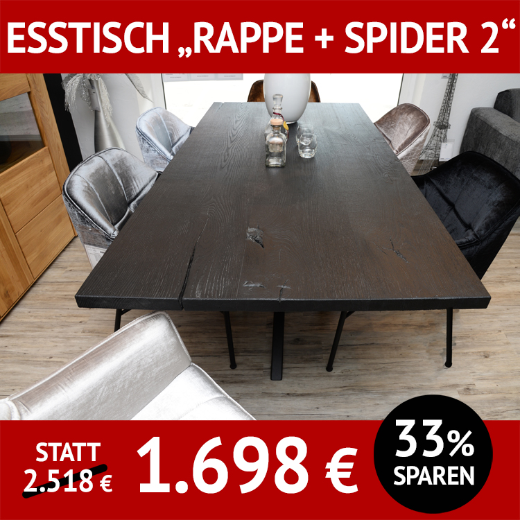 Esstisch RAPPE + SPIDER 2, schwarz geköhlte Massivholzplatte und schwarz pulverbeschichtetes Untergestell