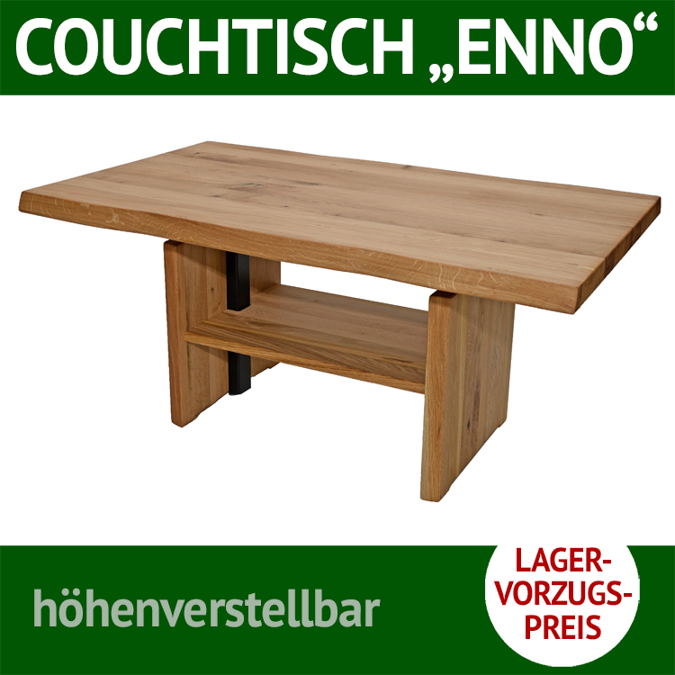 Höhenverstellbarer Couchtisch ENNo, Wildeiche, massiv, geölt, mit Baumkante