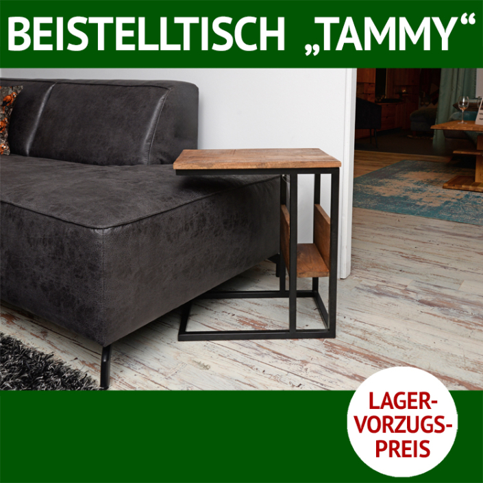 Couchtisch TAMMY, Laptop- oder Beistelltisch aus Massivholz und pulverbeschichtetem, schwarzen Metall