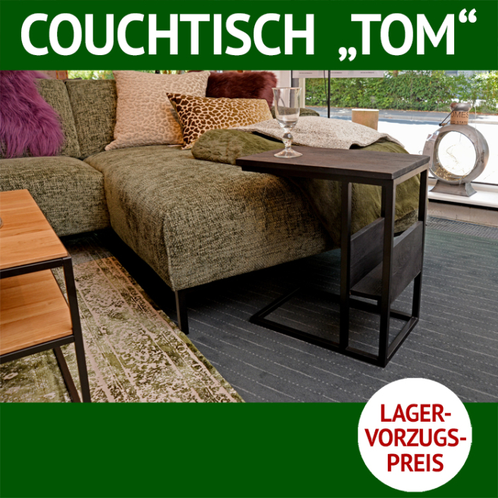 Couchtisch TOM, Laptop- oder Beistelltisch aus Massivholz und pulverbeschichtetem, schwarzen Metall