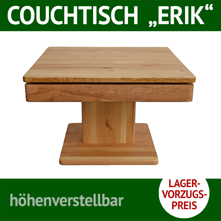 Couchtisch höhenverstellbar und modern ERIK, Wildeiche massiv, mit verdecktem Ablagefach und Rollen