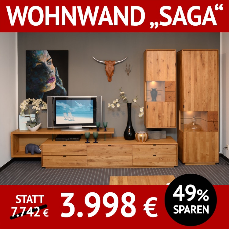 Wohnzimmerschränke SAGA, Wildeiche massiv, natur geölt, TV-Element mit Medien-Brücke, Hängevitrine und Vitrine