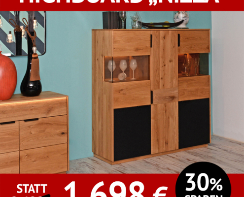 Wohnzimmerschränke NIZZA, Highboard, Wildeiche massiv, natur geölt, Griffe schwarz, sandgestrahlte Akzente, Sideboard mit Rauchglas, Highboard oben mit Rauchglas und unten mit schwarzem Glas