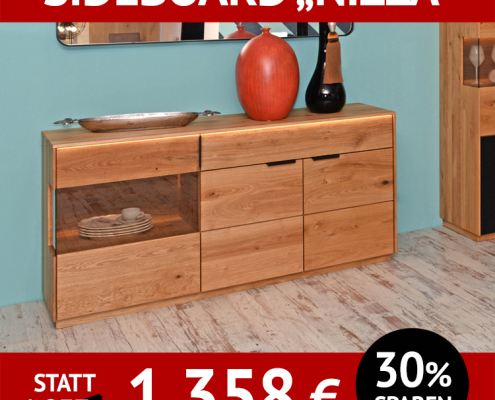 Wohnzimmerschränke NIZZA, Sideboard, Wildeiche massiv, natur geölt, Griffe schwarz, sandgestrahlte Akzente, Sideboard mit Rauchglas, Highboard oben mit Rauchglas und unten mit schwarzem Glas