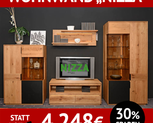 Wohnzimmerschränke NIZZA, Wildeiche massiv, natur geölt, Griffe schwarz, Applikation sandgestrahlt, Highboard klein, oben mit Rauchglas und unten mit schwarzem Glas, TV-Kommode, Wandboard, Multivitrine oben mit Rauchglas und unten mit schwarzem Glas