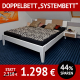 Doppelbett SYSTEMBETT, Kiefer massiv, weiß, astfrei, Komforthöhe, auch als Bett mit Stauraum